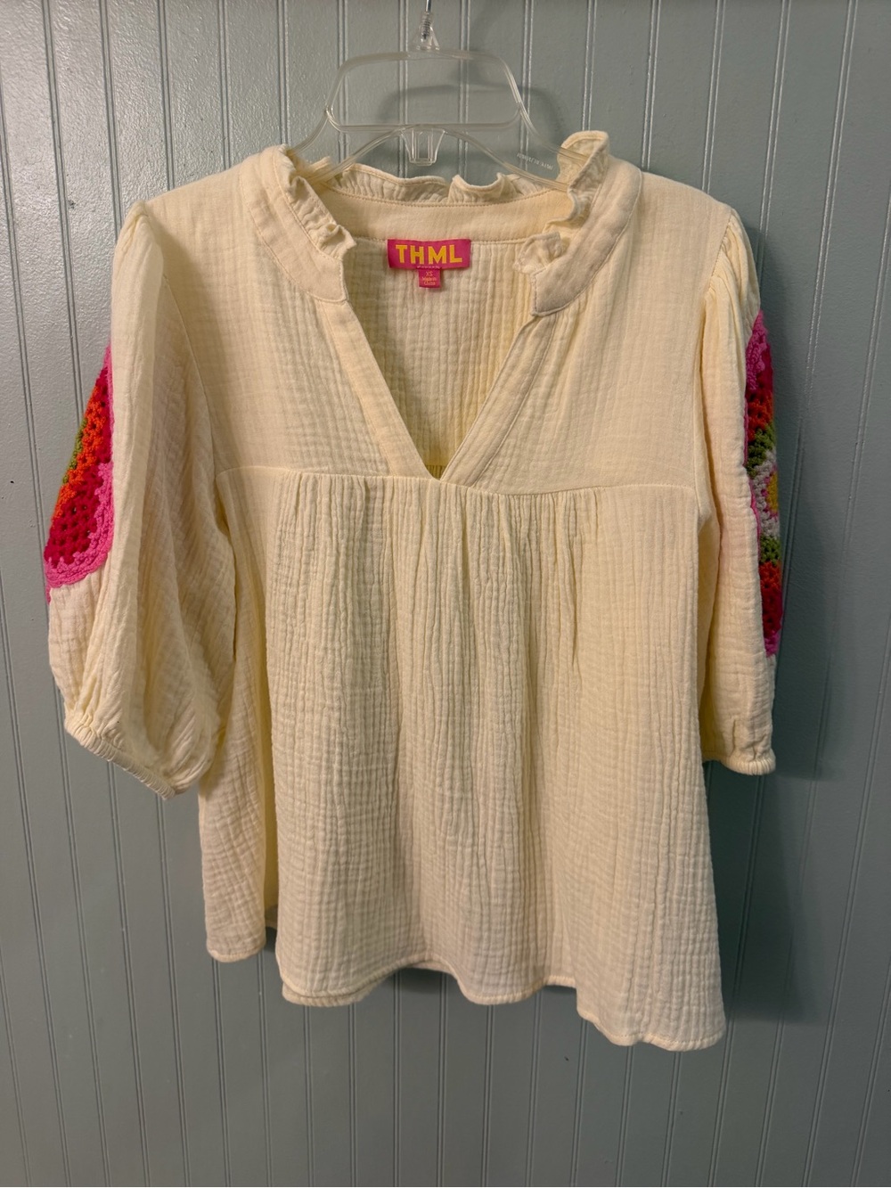 THML Cream Gauze Peasant Top with Pink Crochet Elbow Details
